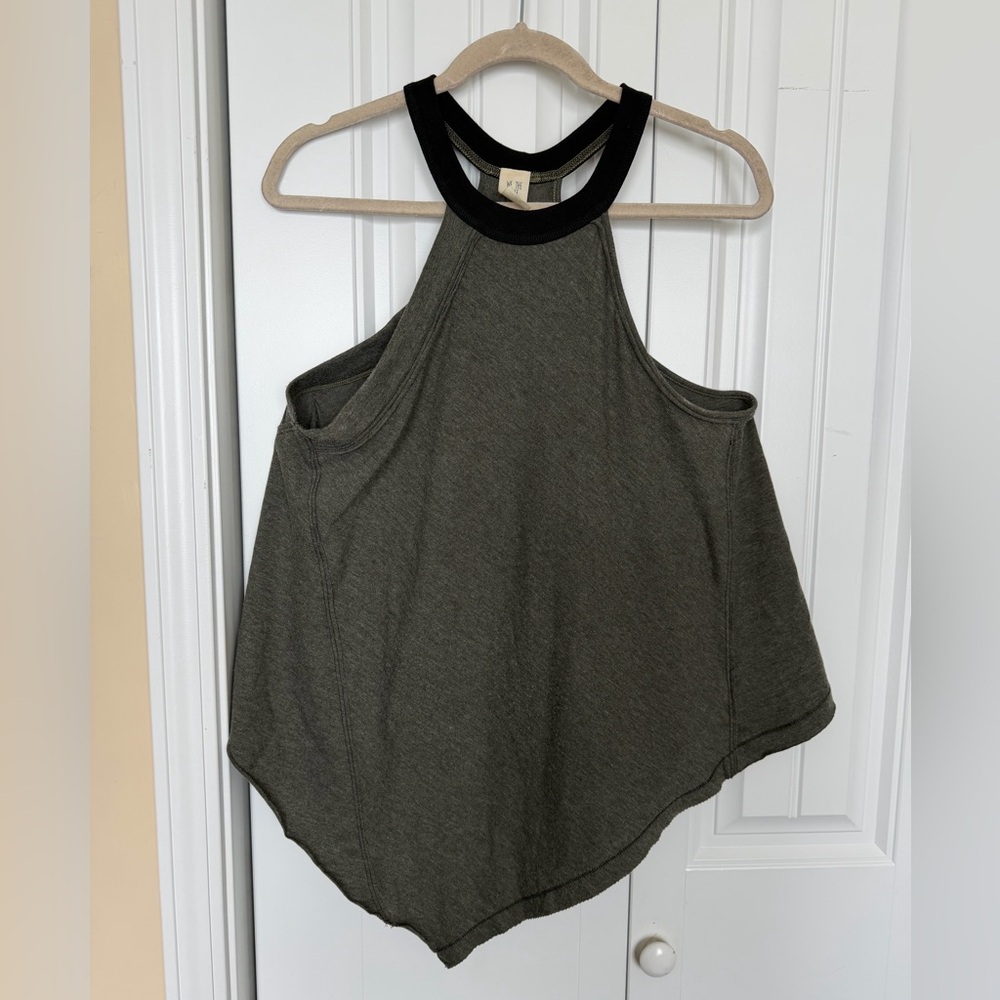 We The Free Dark Olive Asymmetrical Tank Top with Black Trim, some raw hedges